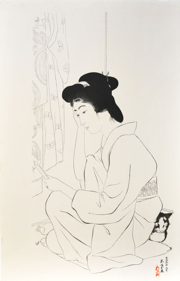 Woman with Pocket Mirror and Cat by Goyo, Woodblock Print