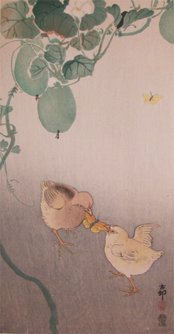 Two Chicks Fighting Over a Butterfly by Koson, Woodblock Print