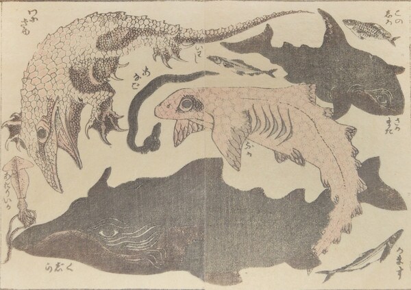 Whale and Sharks by Hokusai, Woodblock Print