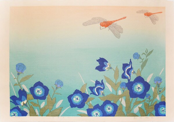 Kikyo and Dragonflies by Tsurusawa, Kieko, Woodblock Print