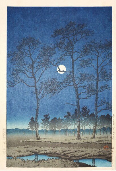 Winter Moon on Toyama Plain by Hasui, Woodblock Print