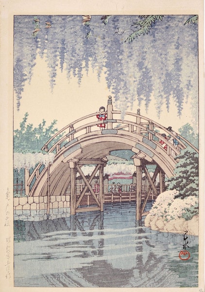 Wisteria at Kameido by Hasui, Woodblock Print