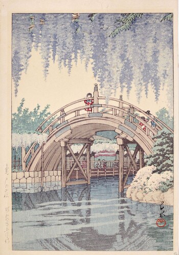 Wisteria at Kameido by Hasui, Woodblock Print