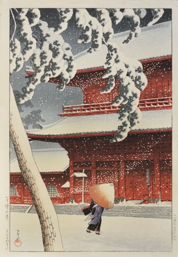 Zojo Temple in Snow at Shiba by Hasui, Woodblock Print