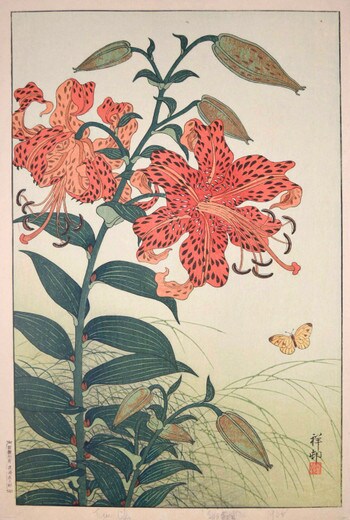 Tiger Lilies and Butterfly by Shoson, Woodblock Print