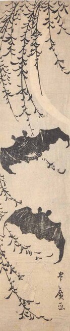 Bats and New Moon by Toyohiro, Woodblock Print