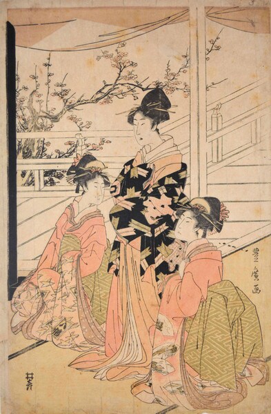 Bijin and Plum Blossoms by Toyohiro, Woodblock Print