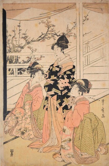 Bijin and Plum Blossoms by Toyohiro, Woodblock Print