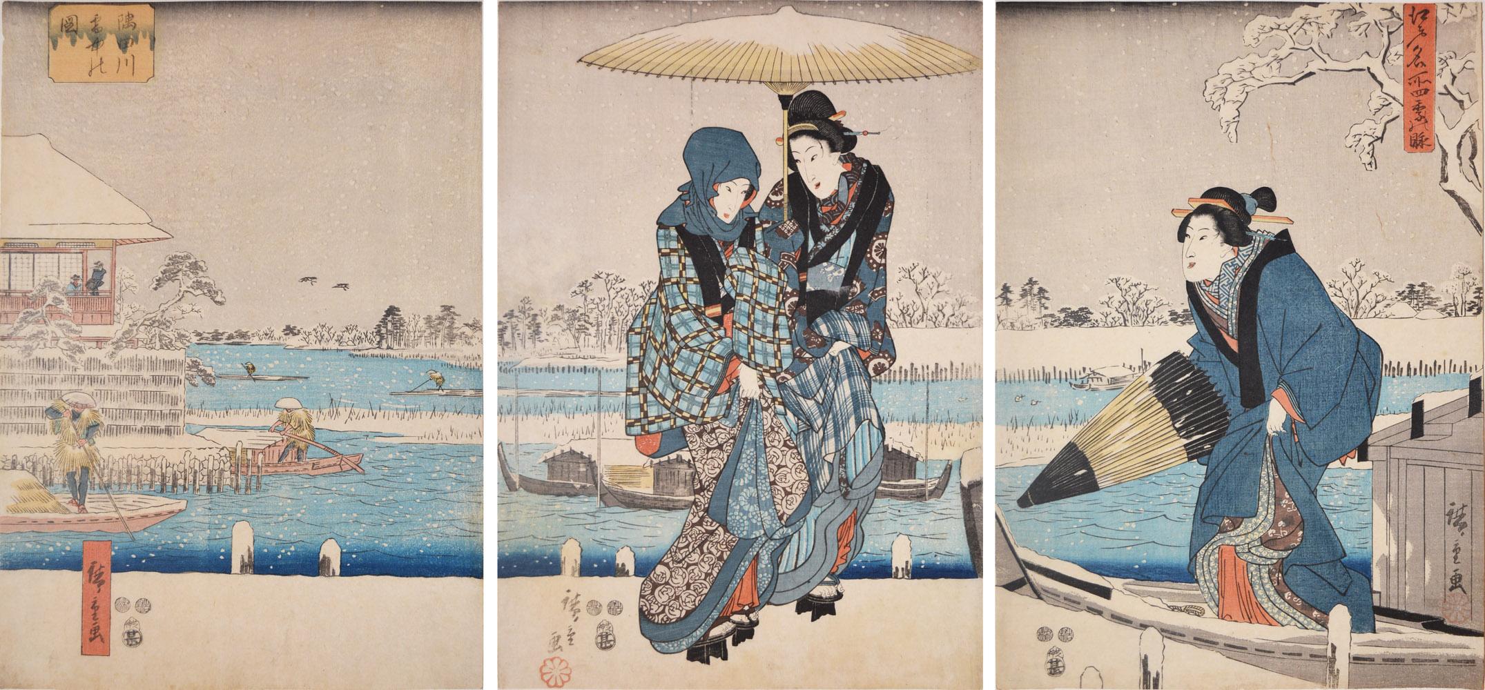 リトグラフ　都市の雪 Triptych of Snow Viewing by the Sumida River, Famous Place