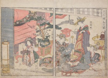 First Layingout of Bedding (Yagu shikizome no zu) by Utamaro, Woodblock Print