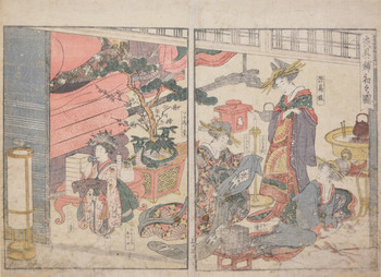 First Layingout of Bedding (Yagu shikizome no zu) by Utamaro, Woodblock Print