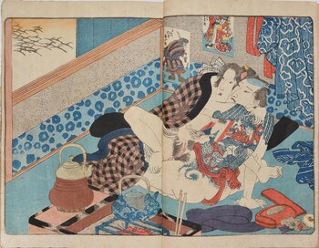 Tattooed Lovers on a Cold Night by Kunisada, Woodblock Print