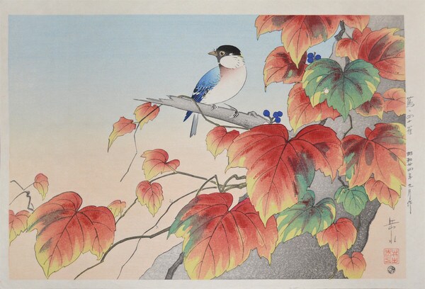 Ivy and Great Tit in Autumn by Ide, Gakusui, Woodblock Print