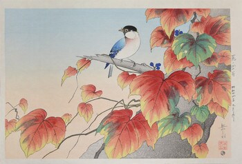 Ivy and Great Tit in Autumn by Ide, Gakusui, Woodblock Print