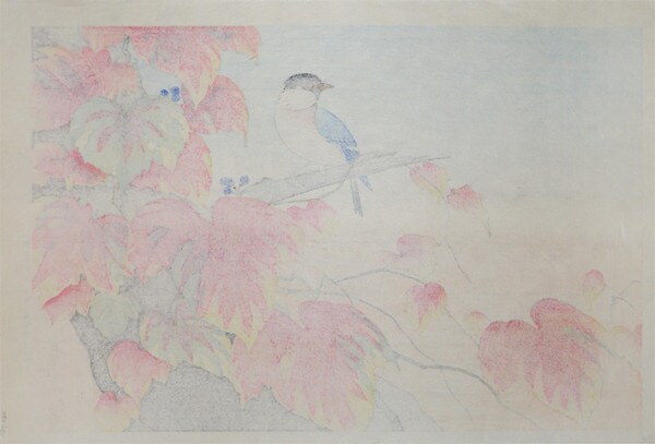 Ivy and Great Tit in Autumn by Ide, Gakusui, Woodblock Print