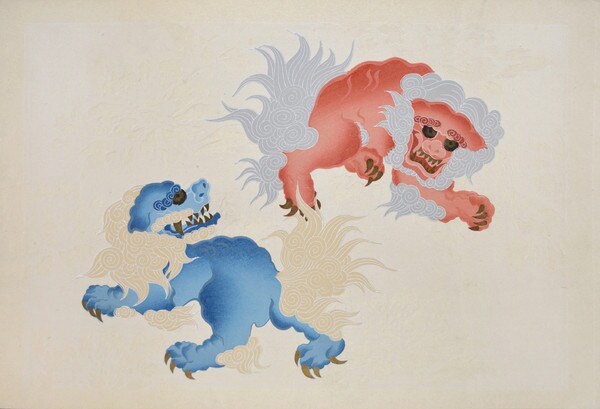 Red and Blue Shishi by Unsigned / Unknown Artist, Woodblock Print
