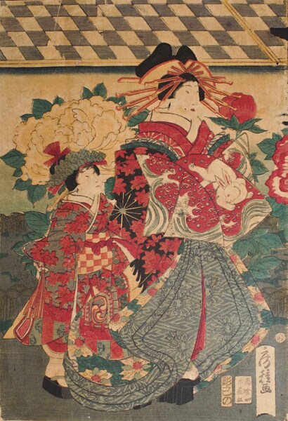 Oiran at Peony Garden by Fusatane, Woodblock Print
