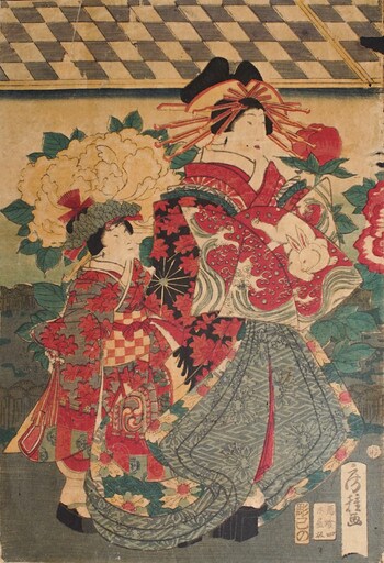 Oiran at Peony Garden by Fusatane, Woodblock Print