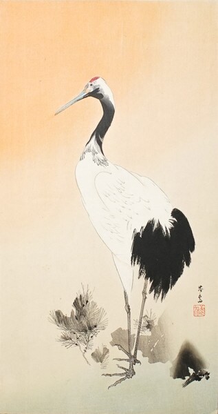 Standing Crane by Kikuchi, Yosai, Woodblock Print