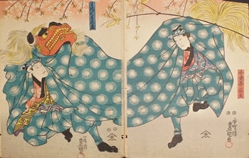 Bando Takesaburo I as Kokuraan Chokichi and Ichikawa Kodanji IV as Moremore Yoshizo by Toyokuni III, Woodblock Print