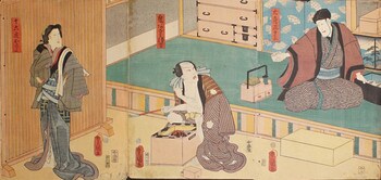 Kabuki Actors Seki Sanjuro III as Odera Shobei (R), Ichikawa Kodanji IV (with tattoo arm) as Oniazami Seikichi (C), Iwai Kumezaburo III as Izayoi Osayo (L) by Toyokuni III, Woodblock Print