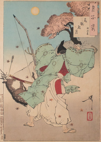Joganden Moon: Minamoto no Tsunemoto by Yoshitoshi, Woodblock Print