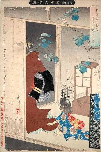 Kuzunoha Fox Leaving Her Child by Yoshitoshi, Woodblock Print