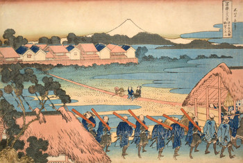Fuji Seen in the Distance from Senju Pleasure Quarter by Hokusai, Woodblock Print