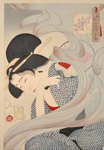 Overwhelmed by Smoke: Housewife of the Kyowa Era by Yoshitoshi, Woodblock Print