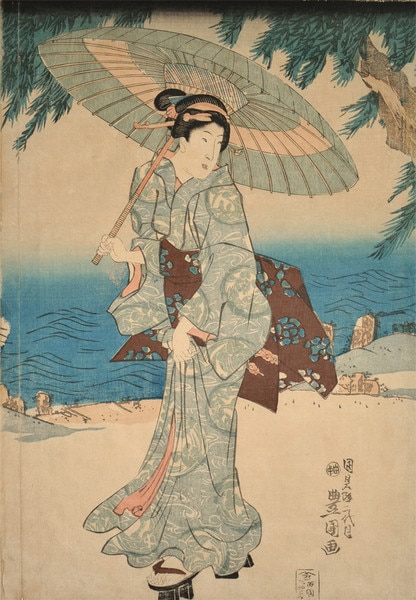 Beauty Under Umbrella by Toyokuni III, Woodblock Print