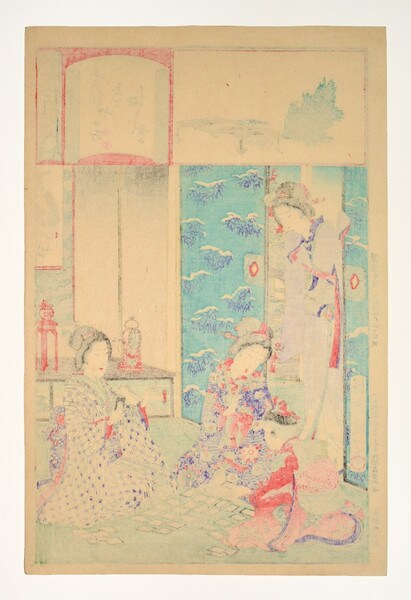 January: New Year's Card Game by Nobukazu, Woodblock Print