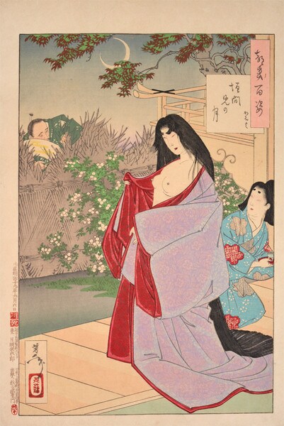 Peeping in the Moonlight by Yoshitoshi, Woodblock Print
