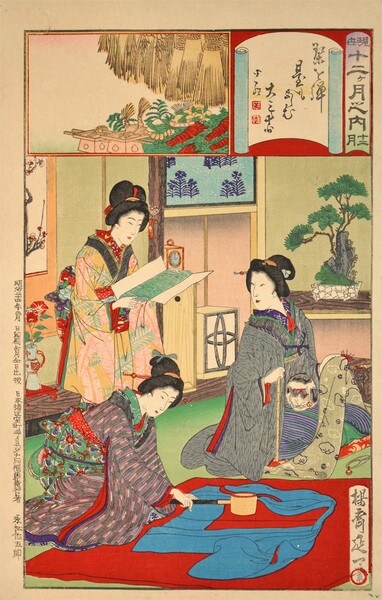 December: Preparing New Kimono for the New Year by Nobukazu, Woodblock Print