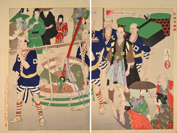 Okubo Hikozaemon Goes to the Castle in a Tub by Yoshitoshi, Woodblock Print