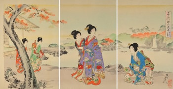 Waterfall Viewing in Autumn by Chikanobu, Woodblock Print