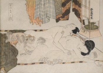 Sleepy Lovers and a Dog by Eisen, Woodblock Print