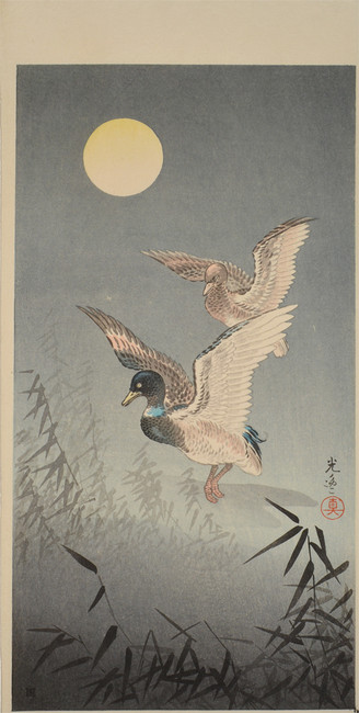 Ducks and Full Moon by Koitsu, Woodblock Print