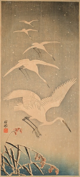 Five Egrets Descending in Snow by Shoson, Woodblock Print