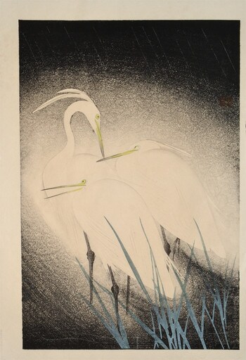 Herons in Rain by Koei, Woodblock Print