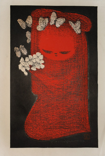 Girl with Flowers and Butterflies by Kawano, Kaoru, Woodblock Print