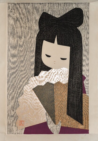 Girl Holding a Fan by Kawano, Kaoru, Woodblock Print