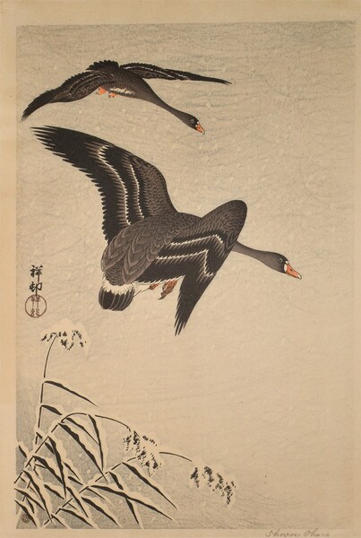 Flying Geese in Snow by Shoson, Woodblock Print