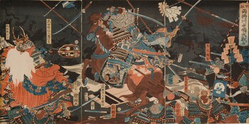 Uesugi Terutora Nyudo Kenshin and Takeda Harunobu Nyudo Shingen at Kawanakajima Battle, Woodblock Print