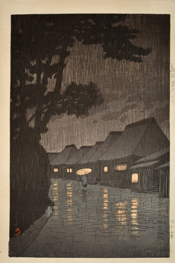 Rain at Maekawa in Soshu by Hasui, Woodblock Print