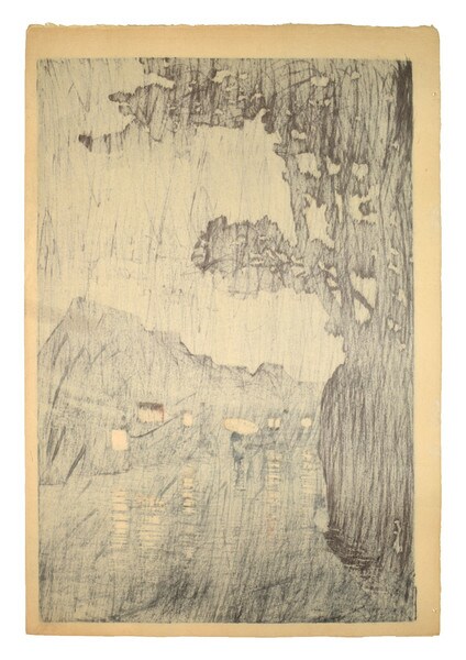 Rain at Maekawa in Soshu by Hasui, Woodblock Print