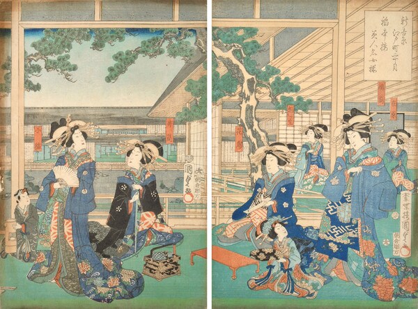 Beautiful Courtesans at Inamotoro by Kunisada II (aka Kunimasa III, Toyokuni IV), Woodblock Print