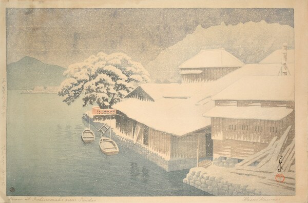 Evening Snow at Ishinomaki by Hasui, Woodblock Print
