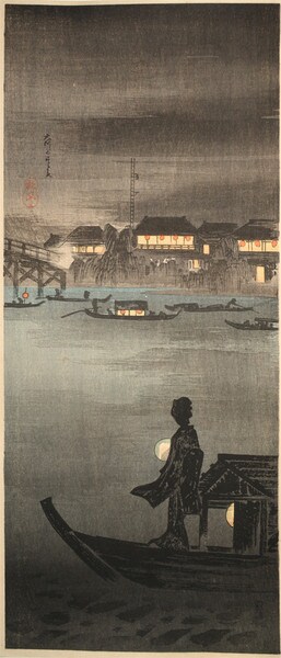 Evening Cool at Okawa by Shotei (aka Hiroaki), Woodblock Print