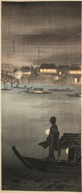 Evening Cool at Okawa by Shotei (aka Hiroaki), Woodblock Print