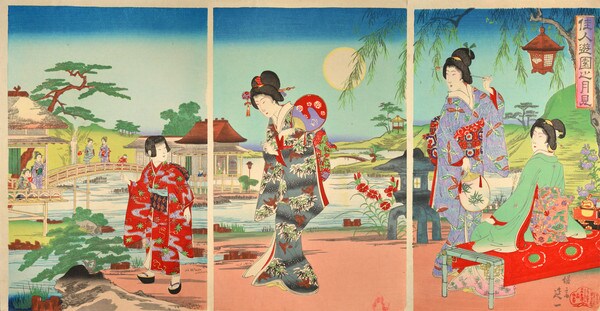Beautiful Women Viewing the Moon by Nobukazu, Woodblock Print